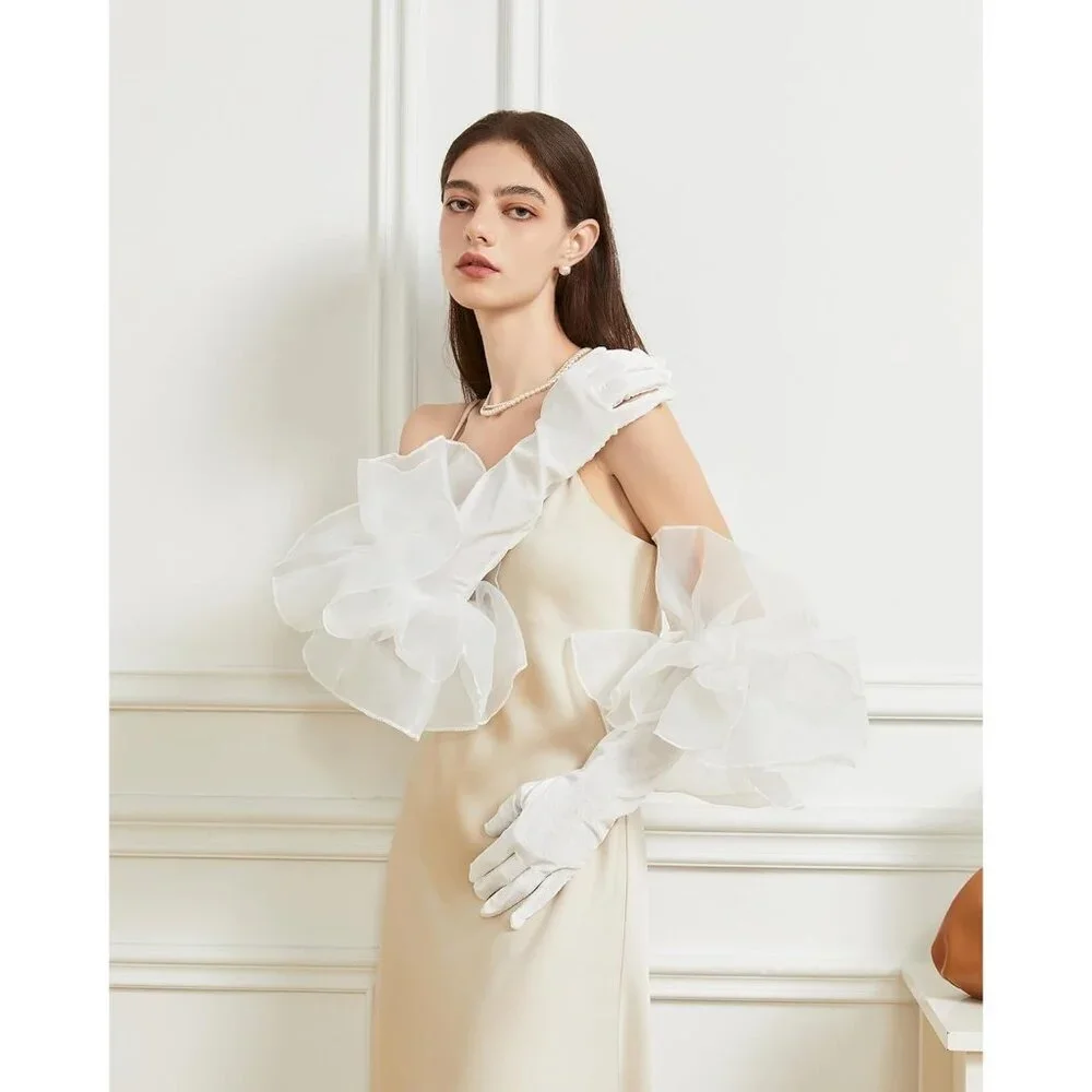 Women's Velvet White 50cm Satin Tulle  Puff Long Gloves Banquet Wedding Party